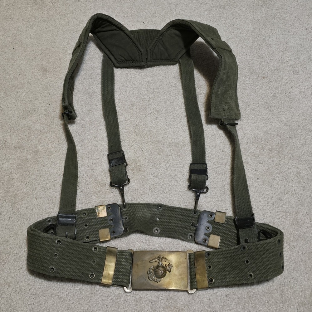 VTG USMC M1956 Horizontal Weave LBE OD Web Belt Size‎ L Suspenders Brass Buckle